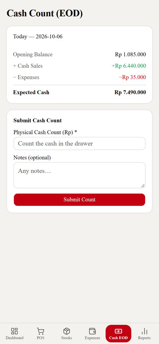 End-of-day cash count screen with demo data