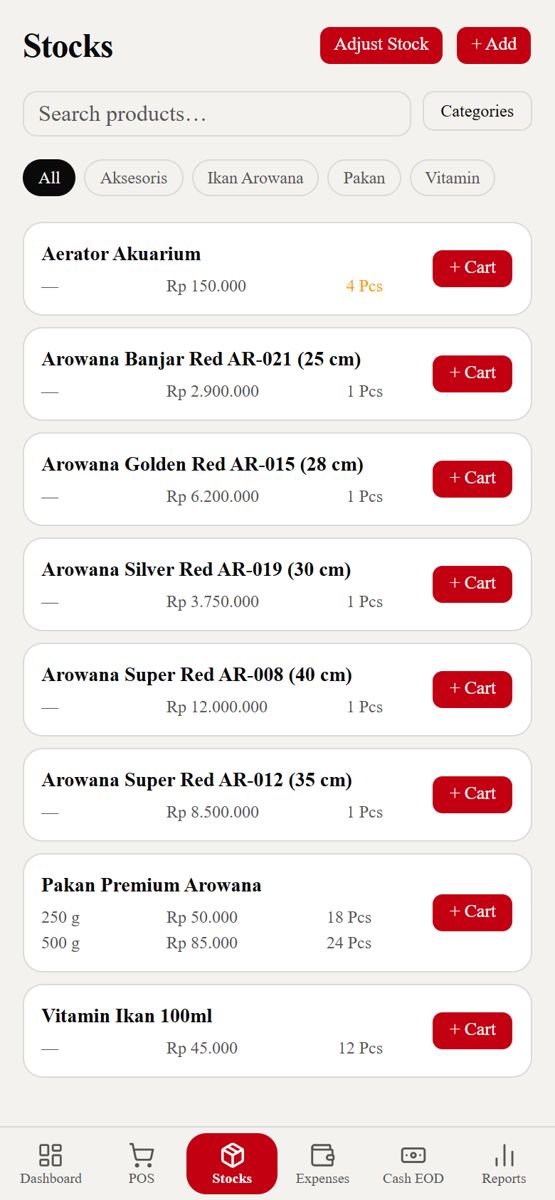 Stock list with individual arowana and products, demo data