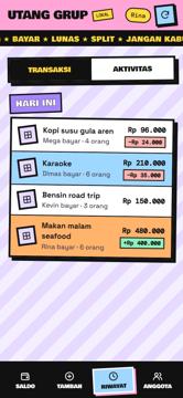 Utang Grup transaction history with made-up bills