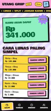 Utang Grup balance screen suggesting the fewest transfers, with made-up names